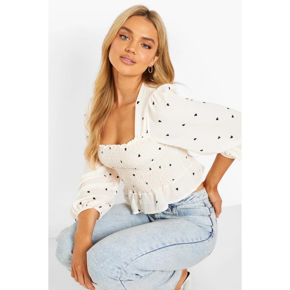 Missguided Heart Printed Smocked Detail Puff Sleeve Top Size 14 NEW WITH TAGS